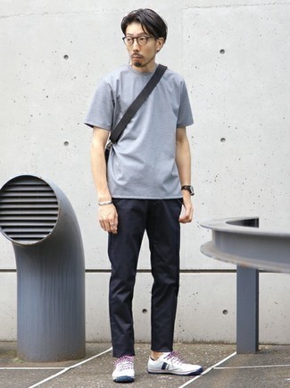 Men's Grey Crew-neck T-shirt, Navy Chinos, White and Navy Canvas Low Top Sneakers, Black Canvas Messenger Bag