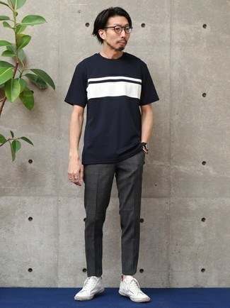 Men's Navy and White Crew-neck T-shirt, Charcoal Plaid Chinos, White Canvas Low Top Sneakers, Clear Sunglasses