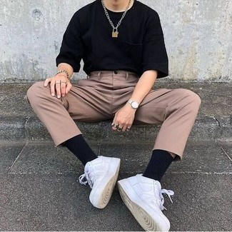 Men's Black Crew-neck T-shirt, Khaki Chinos, White Leather Low Top Sneakers, Grey Leather Watch