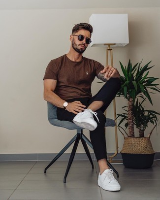 Brown Crew-neck T-shirt Outfits For Men: This combo of a brown crew-neck t-shirt and black chinos will allow you to parade your expertise in menswear styling even on lazy days. Add white leather low top sneakers to the equation and you're all set looking killer.