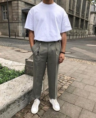 Men's White Crew-neck T-shirt, Grey Chinos, White and Black Leather Low Top Sneakers, Black Bracelet