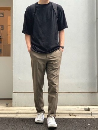Men's Black Crew-neck T-shirt, Khaki Chinos, White Canvas Low Top Sneakers, Black Canvas Backpack