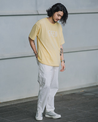 Men's Yellow Print Crew-neck T-shirt, White Chinos, White and Black Print Canvas Low Top Sneakers, Silver Watch