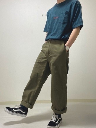 Men's Navy Crew-neck T-shirt, Olive Chinos, Black and White Canvas Low Top Sneakers, Black Leather Belt
