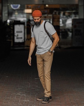 Men's Grey Crew-neck T-shirt, Khaki Chinos, Black Leather Low Top Sneakers, Tan Canvas Backpack
