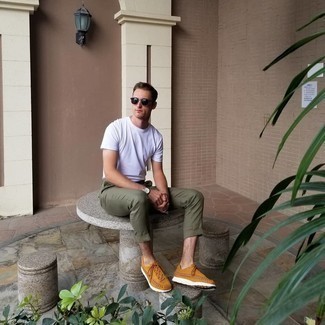 Men's White Crew-neck T-shirt, Olive Chinos, Tobacco Suede Low Top Sneakers, Dark Brown Sunglasses