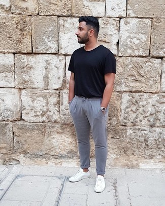 Men's Black Crew-neck T-shirt, Grey Vertical Striped Chinos, White Leather Low Top Sneakers, Silver Watch
