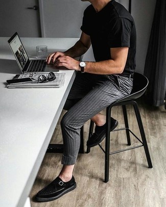 Monks Outfits: To create a relaxed casual getup with a modern finish, you can easily dress in a black crew-neck t-shirt and charcoal vertical striped chinos. For something more on the sophisticated side to complement this ensemble, complete this getup with monks.