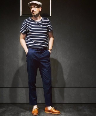 Men's Navy and White Horizontal Striped Crew-neck T-shirt, Navy Chinos, Tobacco Woven Leather Oxford Shoes, White Flat Cap
