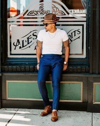 Men's White Crew-neck T-shirt, Navy Vertical Striped Chinos, Brown Leather Oxford Shoes, Brown Wool Hat