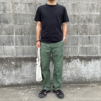 Men's Black Crew-neck T-shirt, Dark Green Chinos, Black Canvas Sandals, White and Black Print Canvas Tote Bag