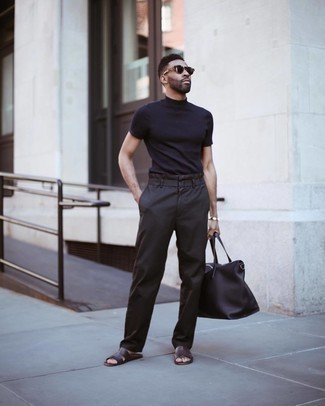 Navy Crew-neck T-shirt Outfits For Men: A navy crew-neck t-shirt and dark brown chinos are essential in any gent's versatile off-duty collection. If you don't want to go all out formal, add dark brown leather sandals to the mix.