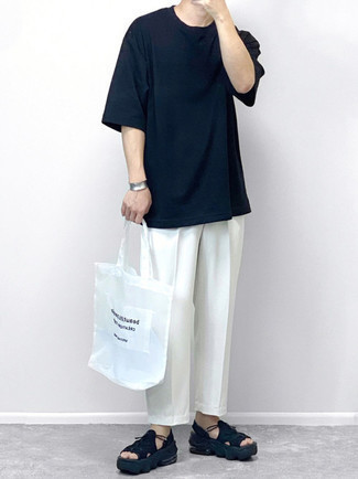 Men's Navy Crew-neck T-shirt, White Chinos, Black Canvas Sandals, White and Black Print Canvas Tote Bag