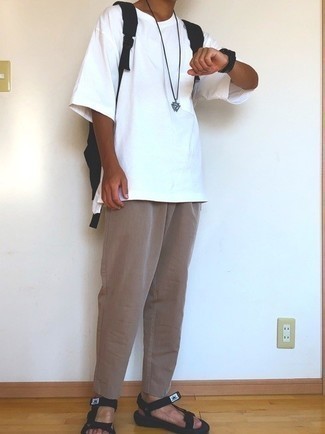 Men's White Crew-neck T-shirt, Brown Chinos, Black Canvas Sandals, Black Canvas Backpack