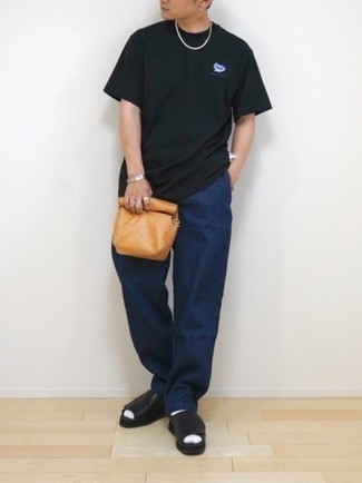 Men's Black Crew-neck T-shirt, Navy Chinos, Black Leather Sandals, Tobacco Leather Zip Pouch