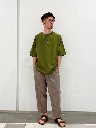 Men's Olive Crew-neck T-shirt, Brown Chinos, Dark Brown Leather Sandals, Clear Sunglasses