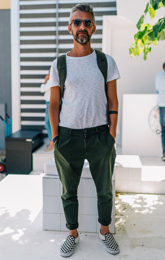 Men's White Crew-neck T-shirt, Dark Green Chinos, Black and White Check Canvas Slip-on Sneakers, Dark Green Canvas Backpack