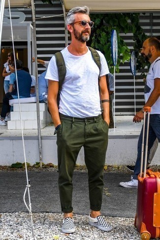 Men's White Crew-neck T-shirt, Olive Chinos, Black and White Check Canvas Slip-on Sneakers, Olive Canvas Backpack