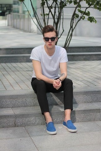 black outfit blue shoes