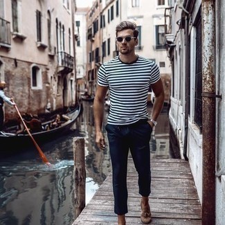 Men's White and Navy Horizontal Striped Crew-neck T-shirt, Navy Chinos, Tan Suede Tassel Loafers, Dark Brown Sunglasses