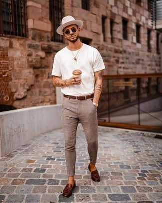 White Wool Hat Outfits For Men: This is indisputable proof that a white crew-neck t-shirt and a white wool hat look amazing when you team them together in a street style outfit. Dark brown leather tassel loafers add a sophisticated aesthetic to the getup.