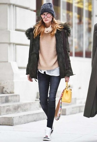 Beige Cowl-neck Sweater Outfits For Women: 