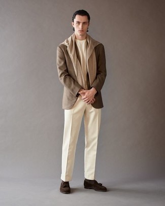 Beige Crew-neck T-shirt with Khaki Dress Pants Outfits For Men: 