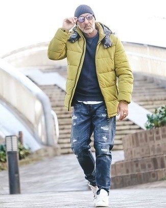 Mustard Puffer Jacket Outfits For Men: 
