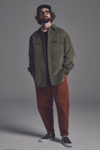 Olive Corduroy Long Sleeve Shirt Outfits For Men: 