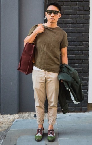Burgundy Leather Tote Bag Casual Outfits For Men: 