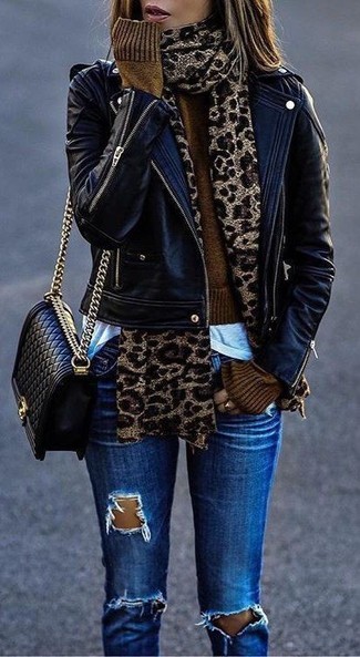 Black Leather Biker Jacket with Blue Ripped Skinny Jeans Fall Outfits: 