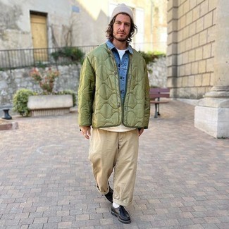 Olive Quilted Satin Bomber Jacket Outfits For Men: 