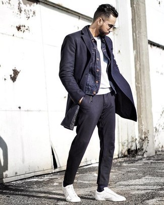 Navy Denim Jacket with Navy Overcoat Outfits: 
