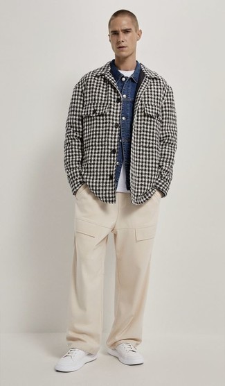 White and Black Check Shirt Jacket Outfits For Men: 
