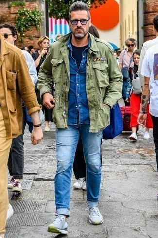 Olive Military Jacket with Blue Denim Shirt Fall Outfits For Men: 