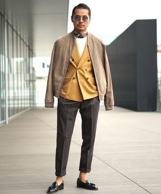 Mustard Double Breasted Blazer Outfits For Men: 