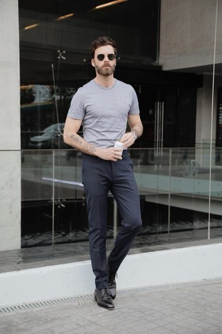 Navy Dress Pants with Light Blue Crew-neck T-shirt Outfits For Men (2 ideas  & outfits)
