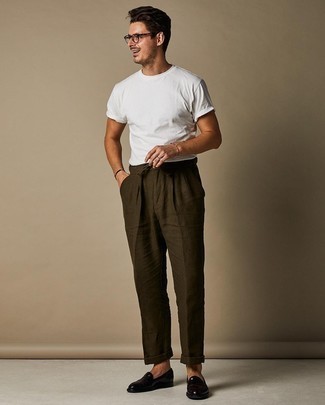 Men's White Crew-neck T-shirt, Olive Linen Dress Pants, Dark Brown Leather Loafers, Clear Sunglasses