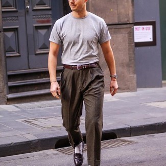 Dark Brown Dress Pants with Charcoal T-shirt Summer Outfits For Men (4  ideas & outfits)