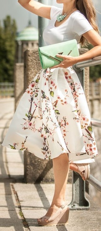 White Floral Full Skirt Outfits: If you're a fan of casual combinations, why not try this pairing of a white crew-neck t-shirt and a white floral full skirt? Beige leather wedge sandals are a guaranteed way to bring a dose of polish to your outfit.