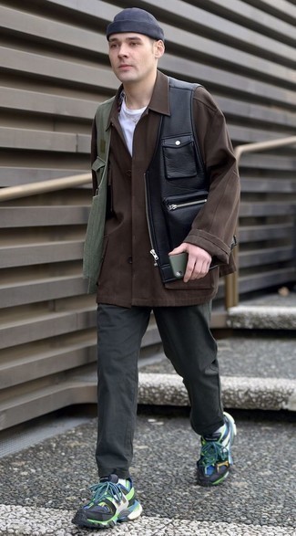 Men's Charcoal Chinos, White Crew-neck T-shirt, Black Leather Gilet, Dark Brown Field Jacket