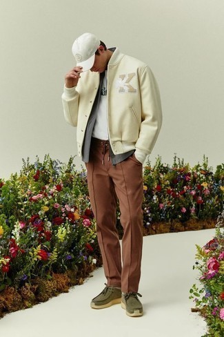 Beige Varsity Jacket Outfits For Men: 