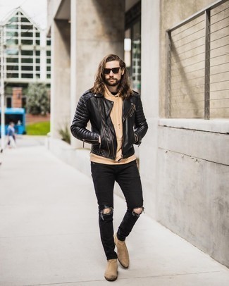 Black Quilted Leather Biker Jacket Outfits For Men: 