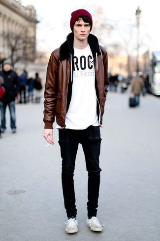Men's Black Ripped Skinny Jeans, White and Black Print Crew-neck T-shirt, Black Hoodie, Brown Leather Bomber Jacket