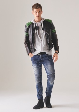 Men's Blue Skinny Jeans, White Crew-neck T-shirt, Grey Hoodie, Black Quilted Leather Bomber Jacket