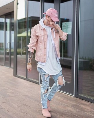Light Blue Ripped Jeans Outfits For Men: 