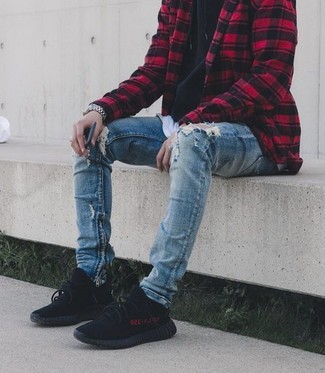 Men's Blue Ripped Skinny Jeans, White Crew-neck T-shirt, Black Hoodie, Red and Black Check Shirt Jacket
