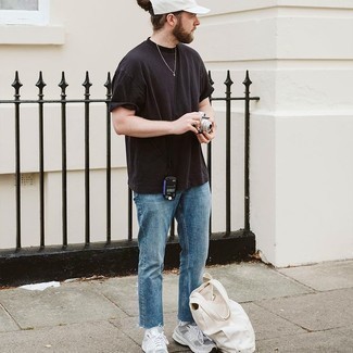White Baseball Cap Outfits For Men: This off-duty combination of a black crew-neck t-shirt and a white baseball cap is a surefire option when you need to look dapper but have no time. Here's how to dial it up: grey athletic shoes.