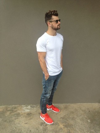 Men's White Crew-neck T-shirt, Grey Jeans, Red Athletic Shoes, Black Sunglasses