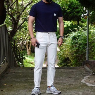 Men's Navy Embroidered Crew-neck T-shirt, White Jeans, Grey Athletic Shoes, Black Leather Watch